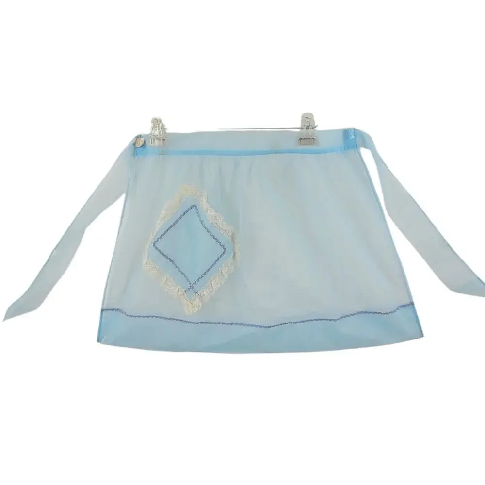 Vintage 1950s Blue Sheer Applique Half‎ Hostess Apron Cottage Coquette Gift